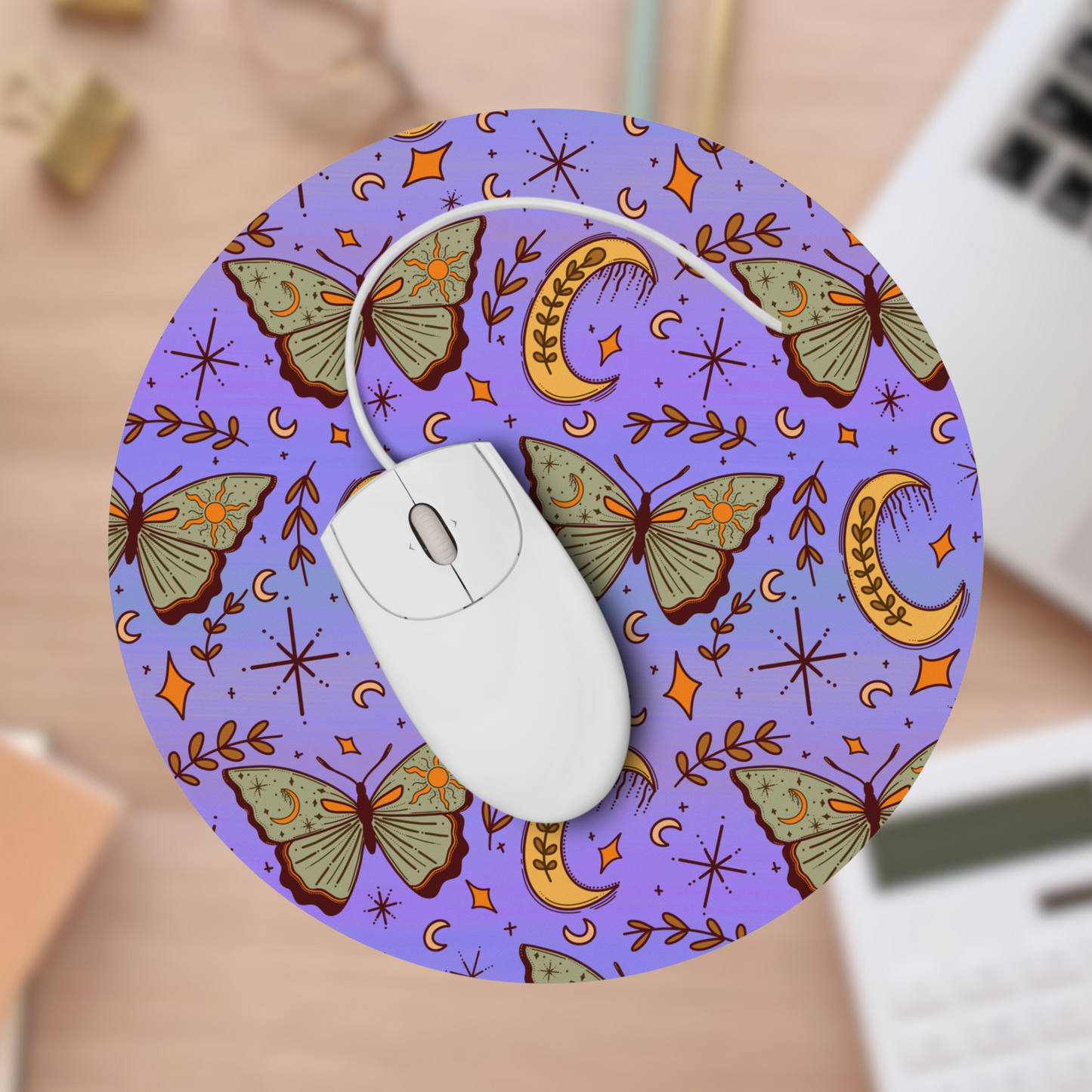 Whimsical Cottagecore Mouse Pad | Butterfly and Moon Desk Accessory