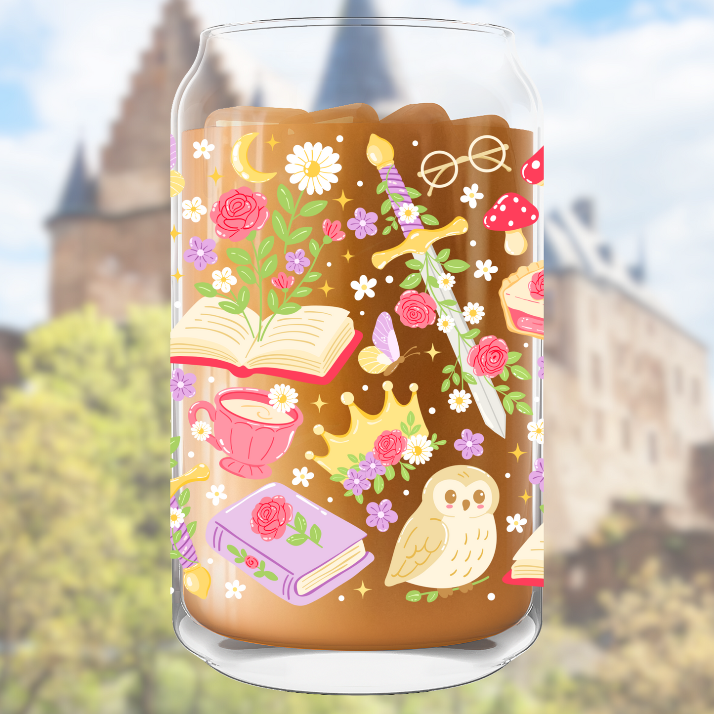 Whimsical Owl and Books Iced Coffee Glass