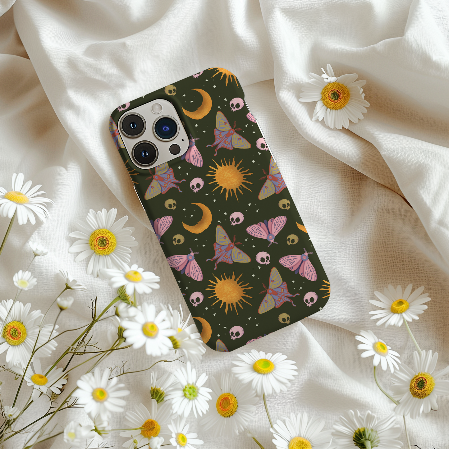 Dark Cottagecore Skull and Moth iPhone Case - Olive Green