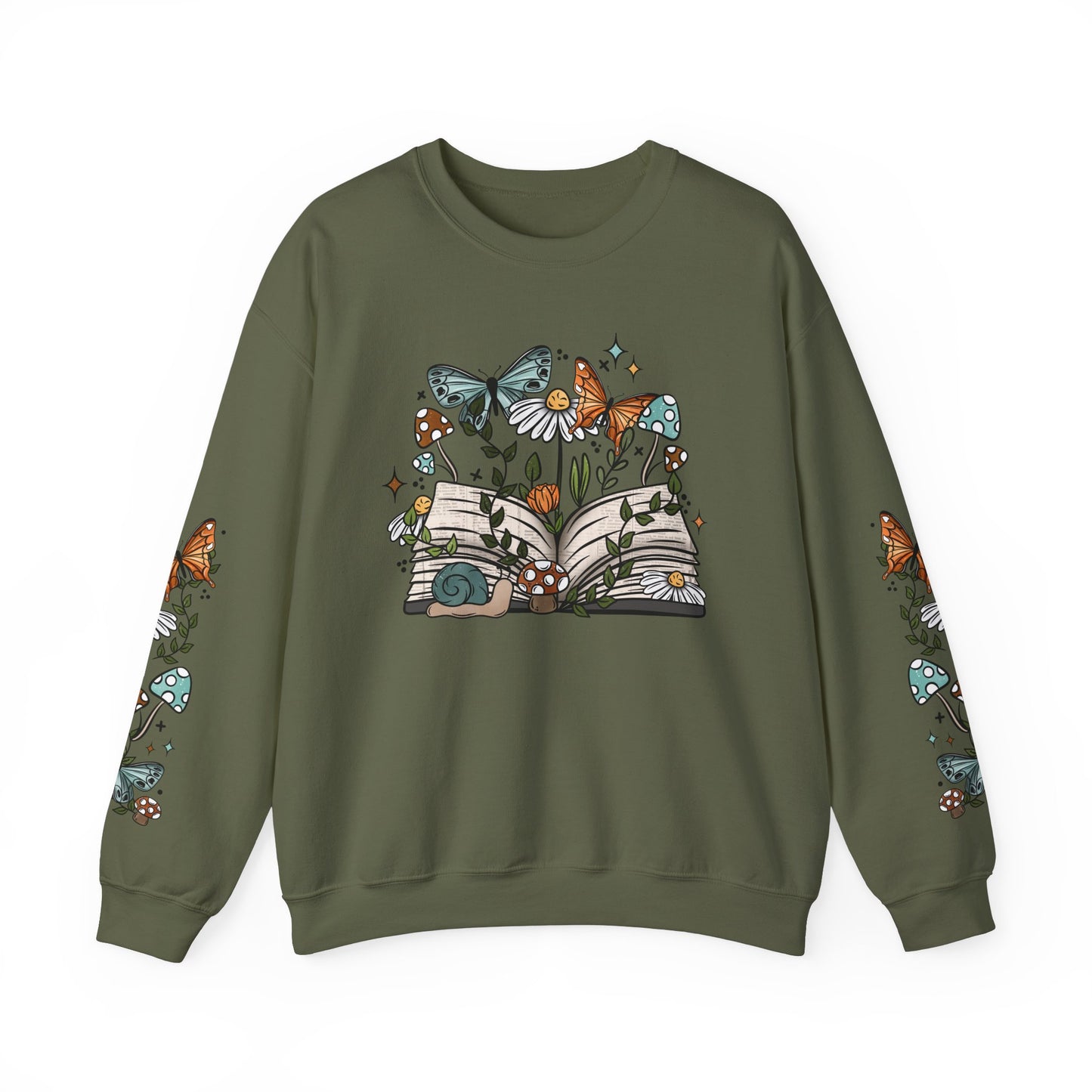 Fairycore Bookish Crewneck, Whimsical Cottagecore Snail and Butterfly Sweatshirt
