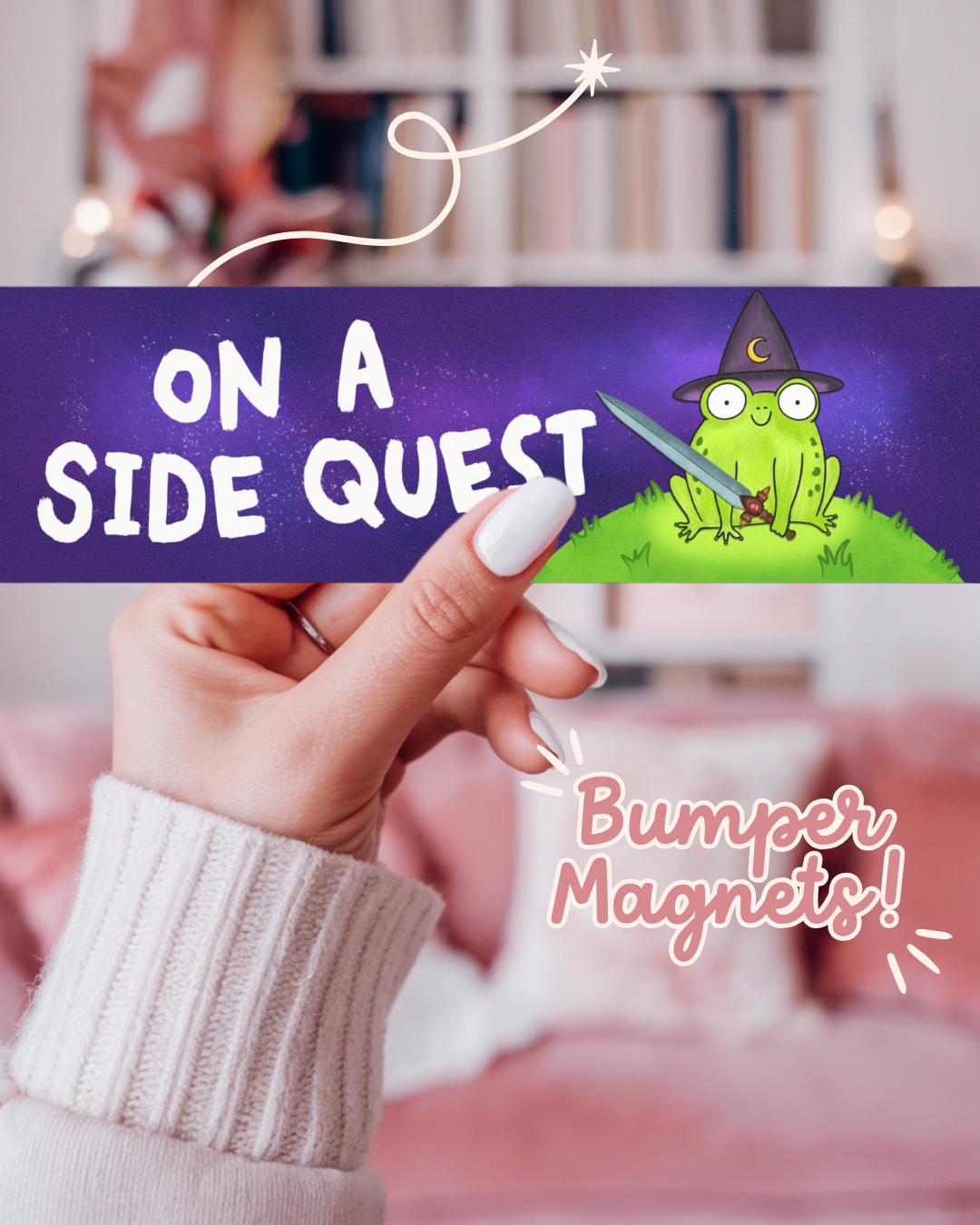 On A Side Quest Car Bumper Sticker Magnet, Cute Fantasy Frog Lover Magnet, ADHD Funny Bumper Magnet, Mystical Fantasy Reader Gift, DND Dungeon Master