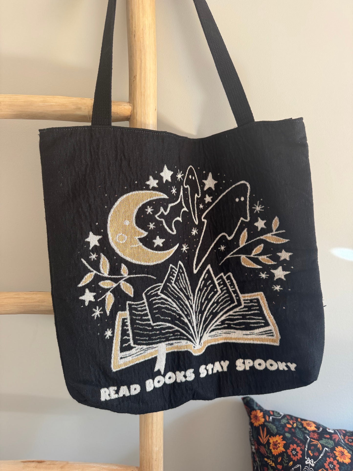 Read Books Stay Spooky - Halloween Bookish Woven Tote Bag