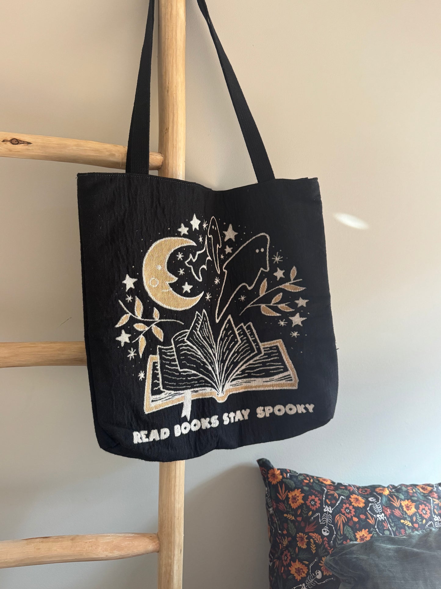Read Books Stay Spooky - Halloween Bookish Woven Tote Bag
