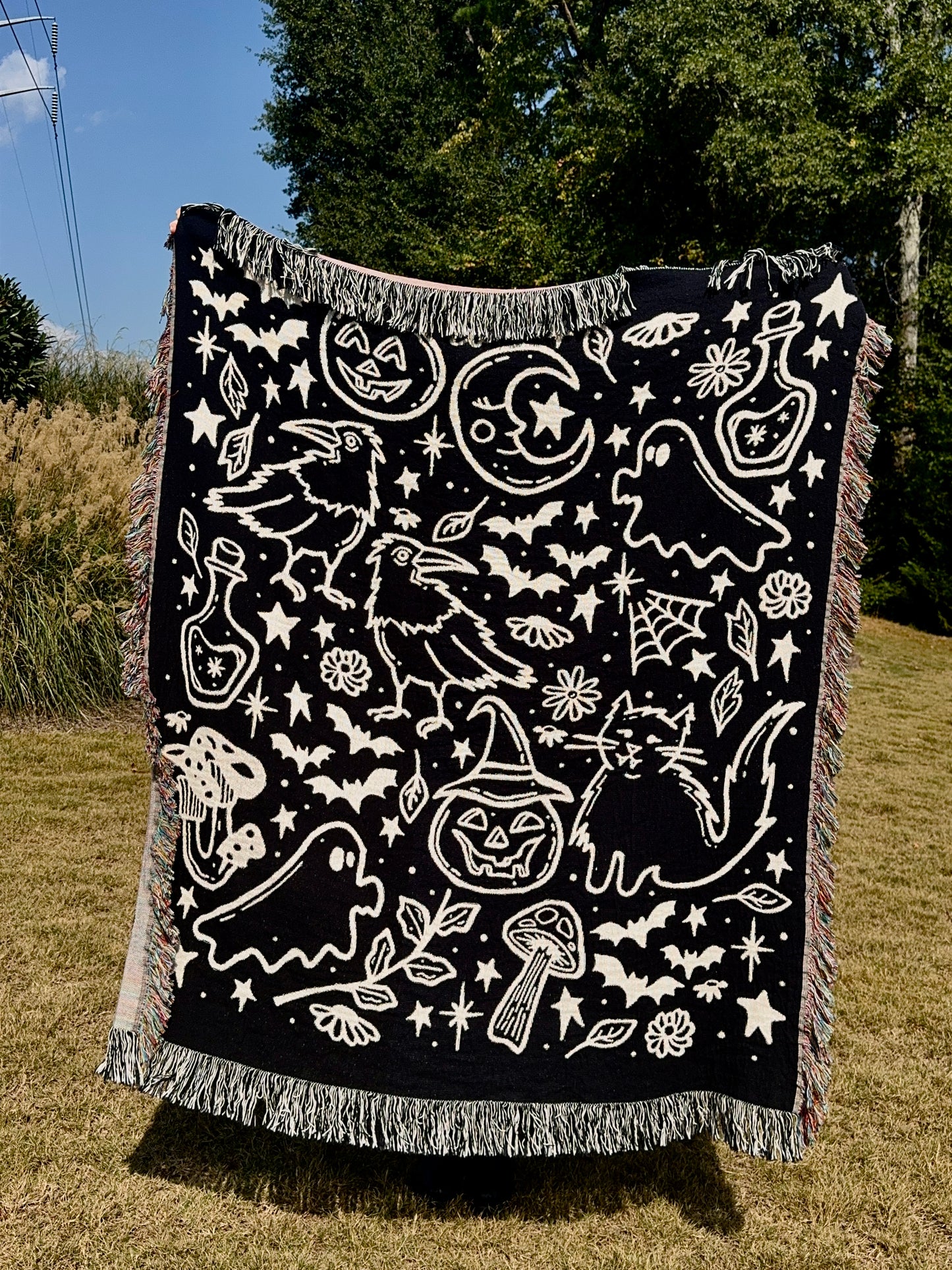 Spooky Witchy Woven Throw Blanket - Vintage Whimsical Halloween Decor