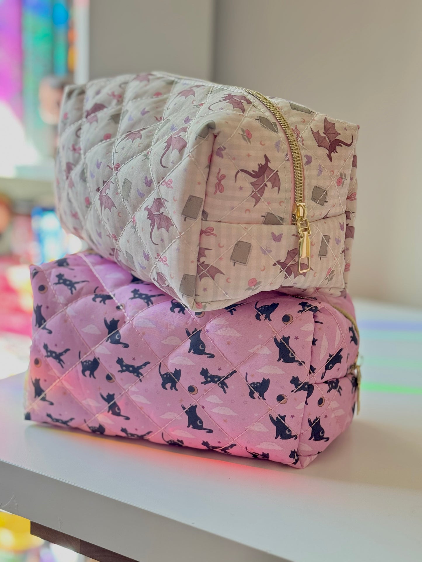 Fantasy Reader Gingham Dragon Quilted Makeup Pouch