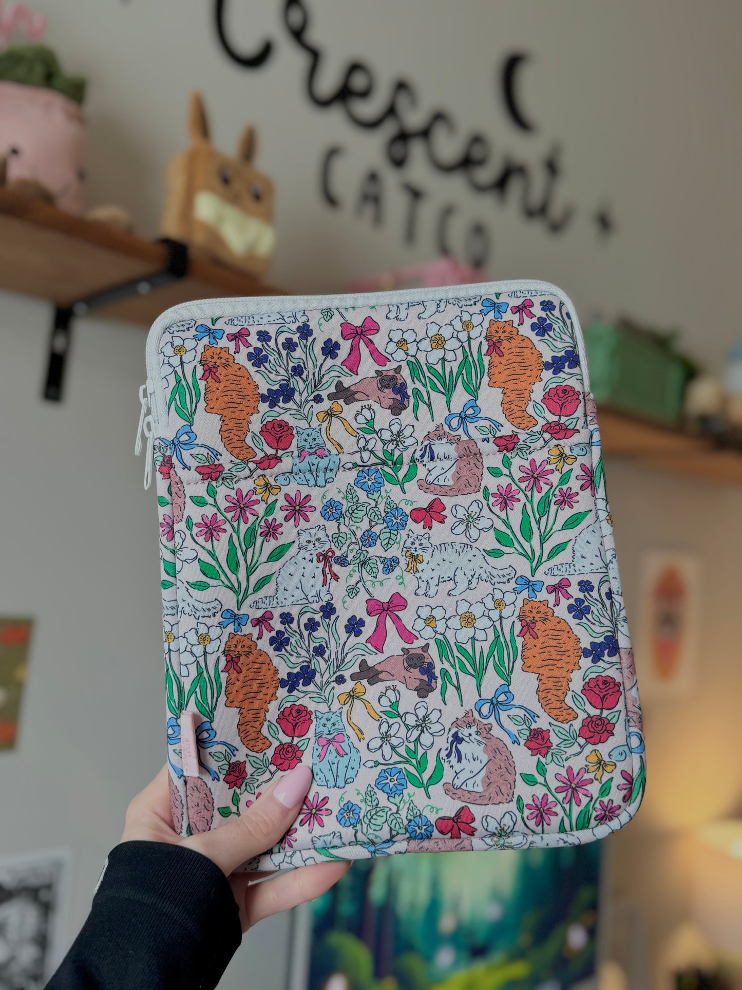 Vintage Cats & Bows Book & Kindle Pouch, Medium E-Reader Zip up Book Sleeve