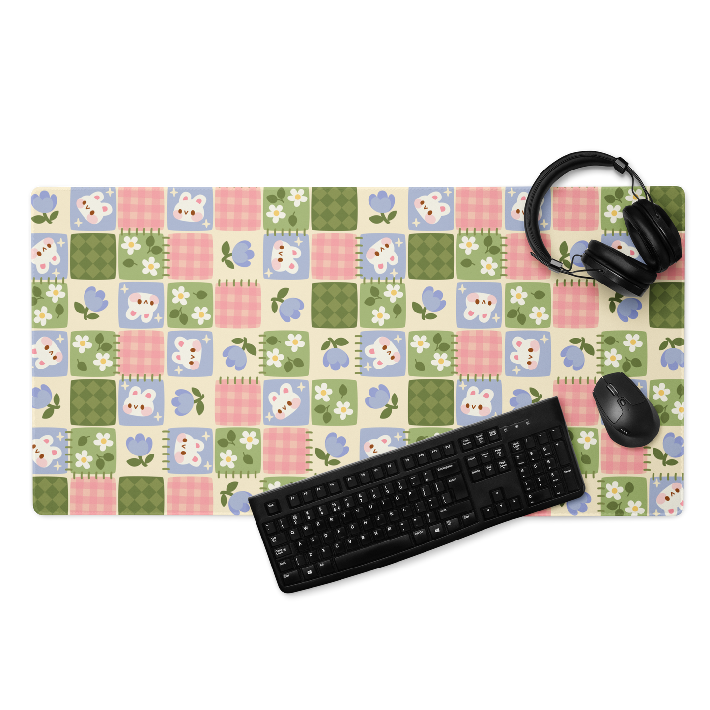 Patchwork Bunnies Desk Mat, Cozy Gaming mouse pad