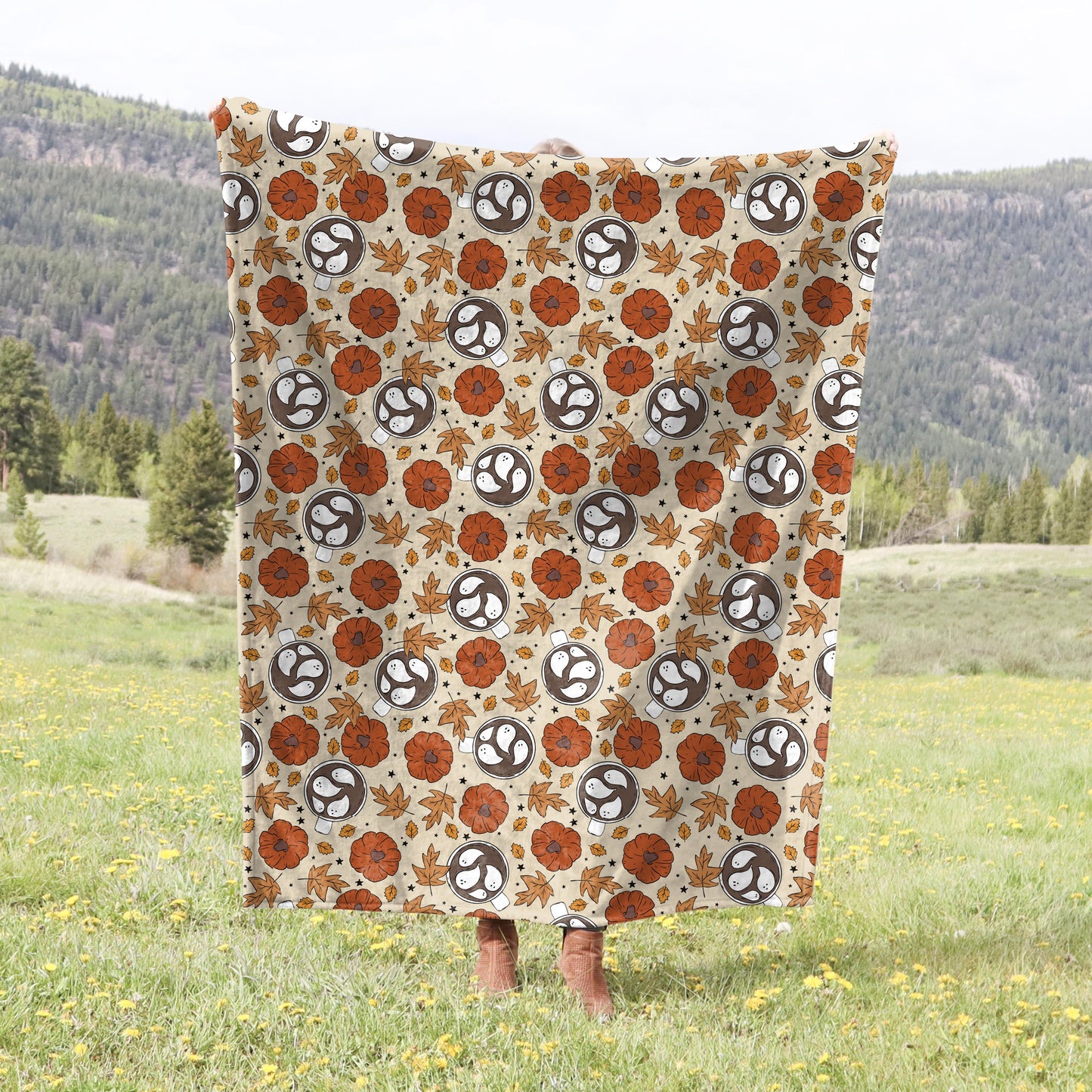 Spooky Cute Fall Throw Blanket | Pumpkins and Ghosts Plush Throw | Fall Home Decor | Ghostie Autumn Leaves and Pumpkins | Halloween Lover