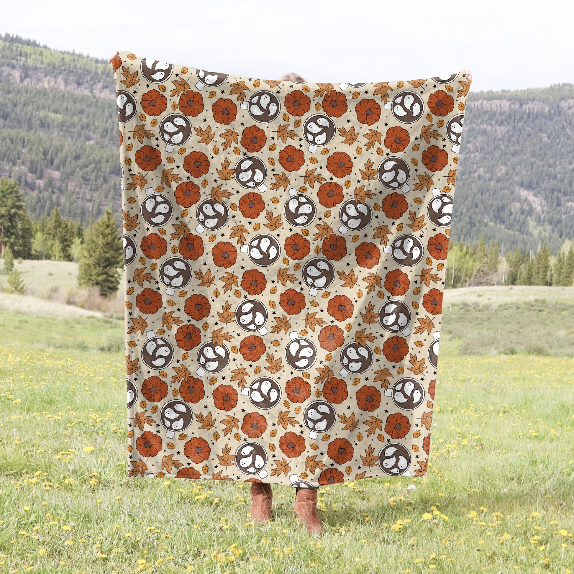 Spooky Cute Fall Throw Blanket | Pumpkins and Ghosts Plush Throw | Fall Home Decor | Ghostie Autumn Leaves and Pumpkins | Halloween Lover