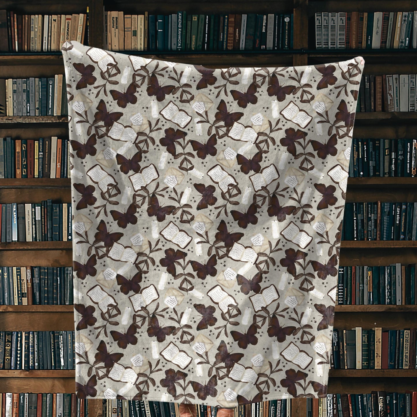 Dark Academia Bookish Throw Blanket | Cozy Fall Plush Blanket | Earthy Neutral Tones Books and Butterflies | Gift for Reading Corner