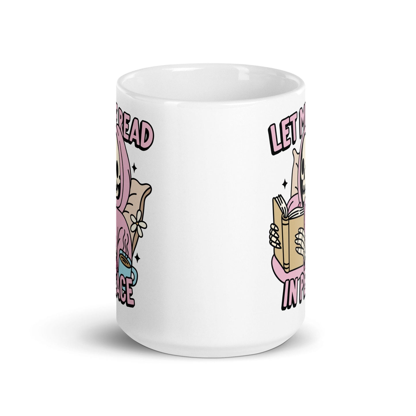 Let Me Read in Peace Spooky Bookish Mug | Skeleton Reading Coffee Cup | Spooky Cute Halloween Reader Gifts | Bookish Fall Mug | Cute Goth