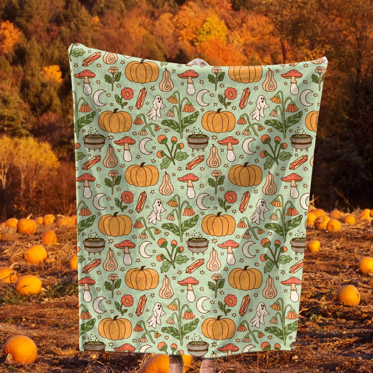 Cozy Autumn Plush Throw Blanket | Spooky Cute Ghosts, Pumpkins and Mushrooms | Dark Cottagecore Fall Decor | Halloween Lover Gifts
