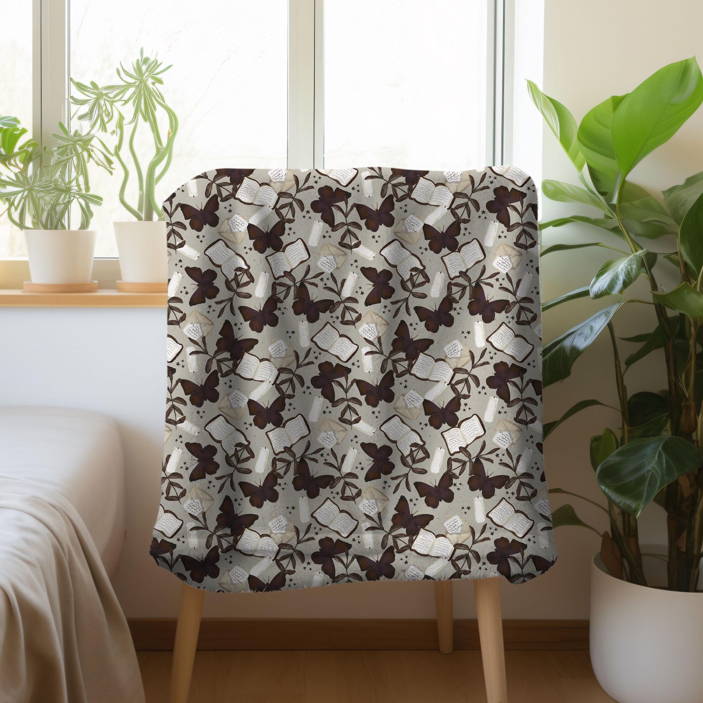 Dark Academia Bookish Throw Blanket | Cozy Fall Plush Blanket | Earthy Neutral Tones Books and Butterflies | Gift for Reading Corner