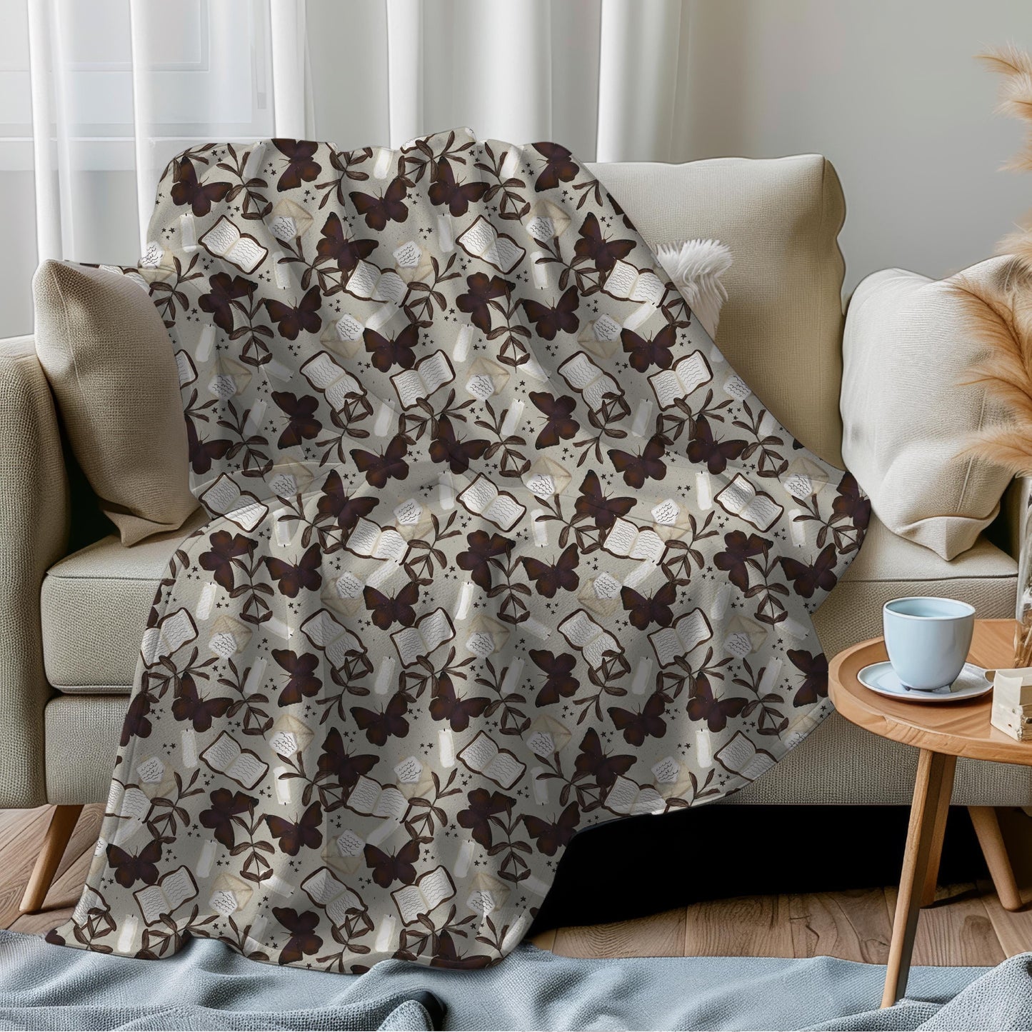 Dark Academia Bookish Throw Blanket | Cozy Fall Plush Blanket | Earthy Neutral Tones Books and Butterflies | Gift for Reading Corner