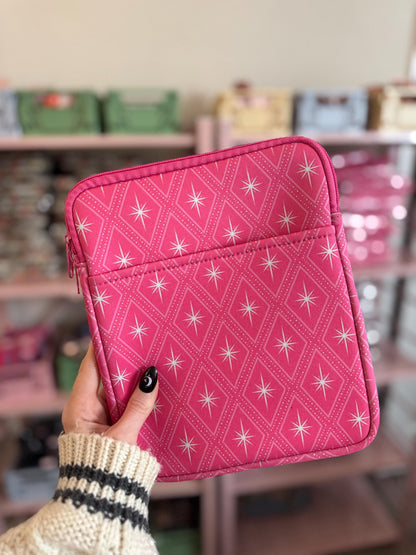 Pink Retro Christmas Book & Kindle Pouch, Medium E-Reader Zip up Book Sleeve, Bookish Gifts