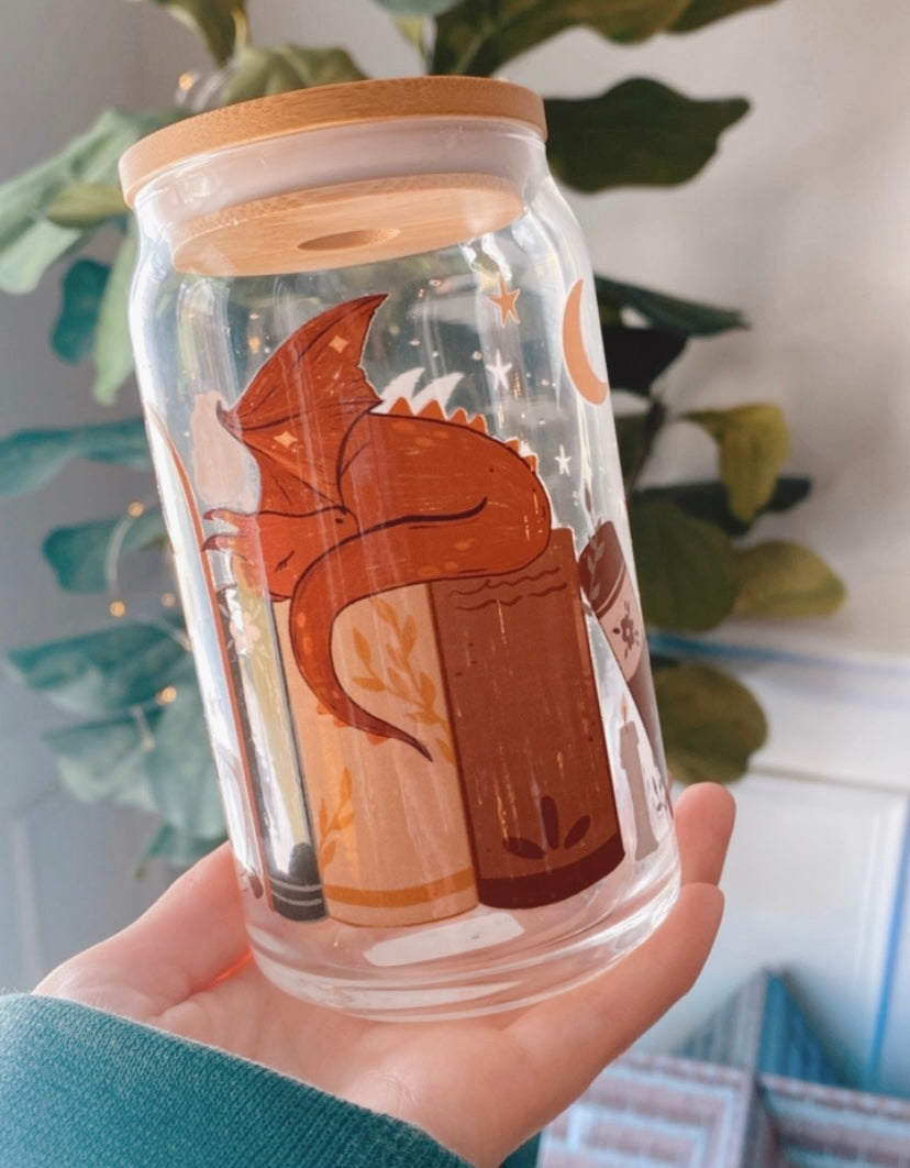 Fantasy Reader Fairy and Dragon Bookish Iced Coffee Glass