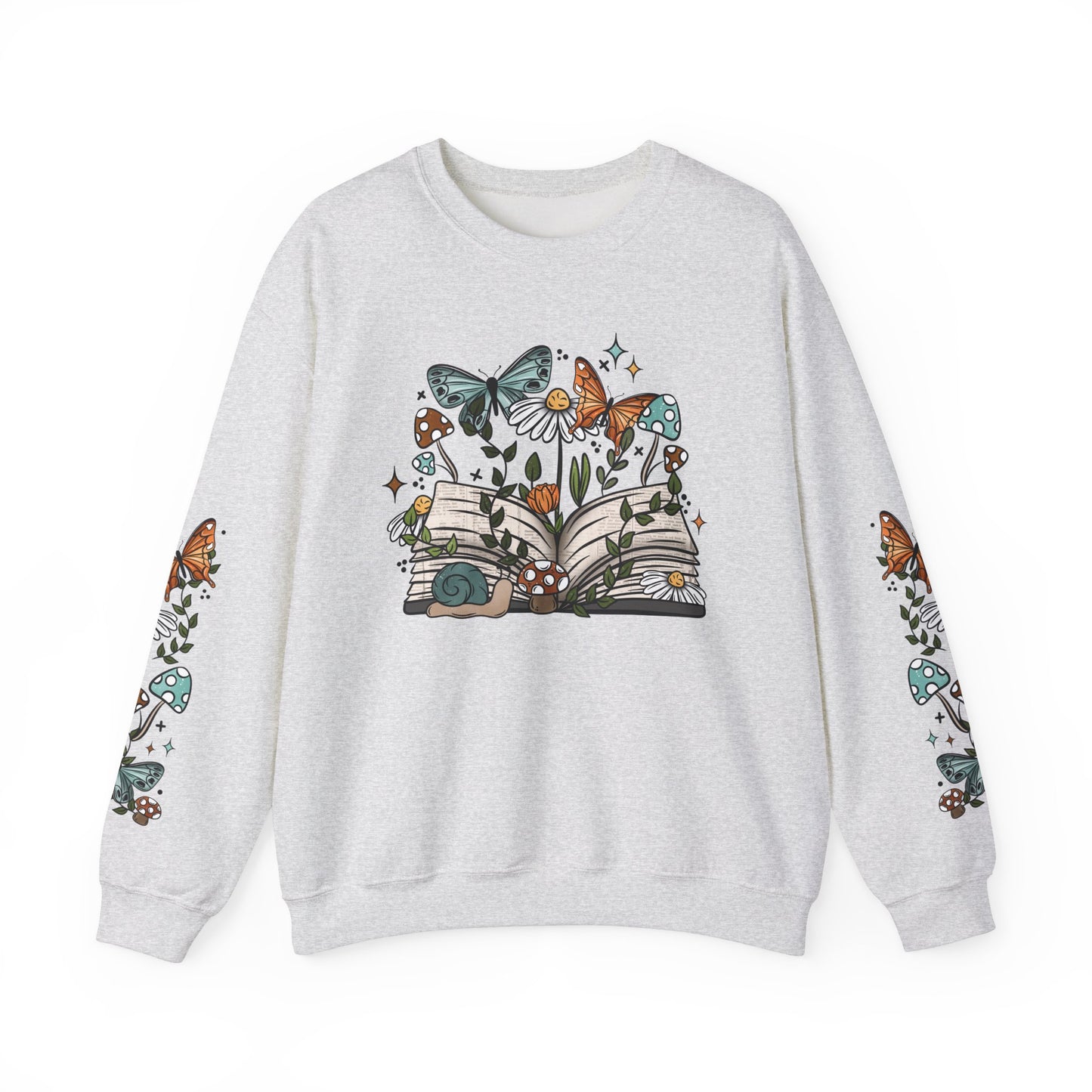 Fairycore Bookish Crewneck, Whimsical Cottagecore Snail and Butterfly Sweatshirt