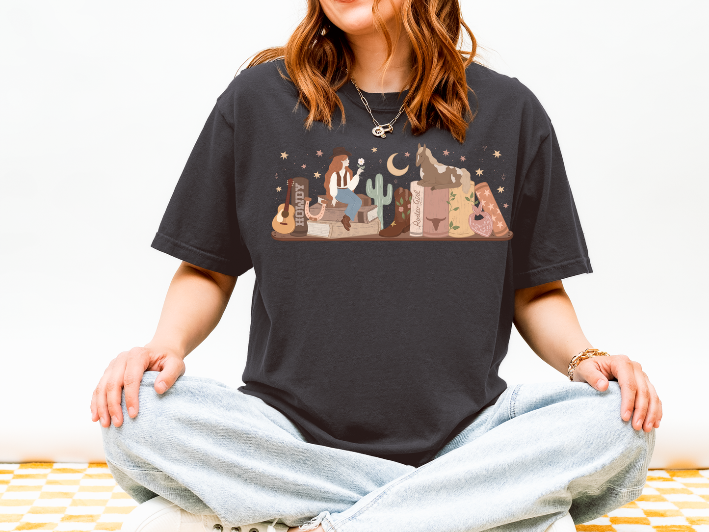 Cowboy Romance Bookshelf Tshirt ( Red Head)
