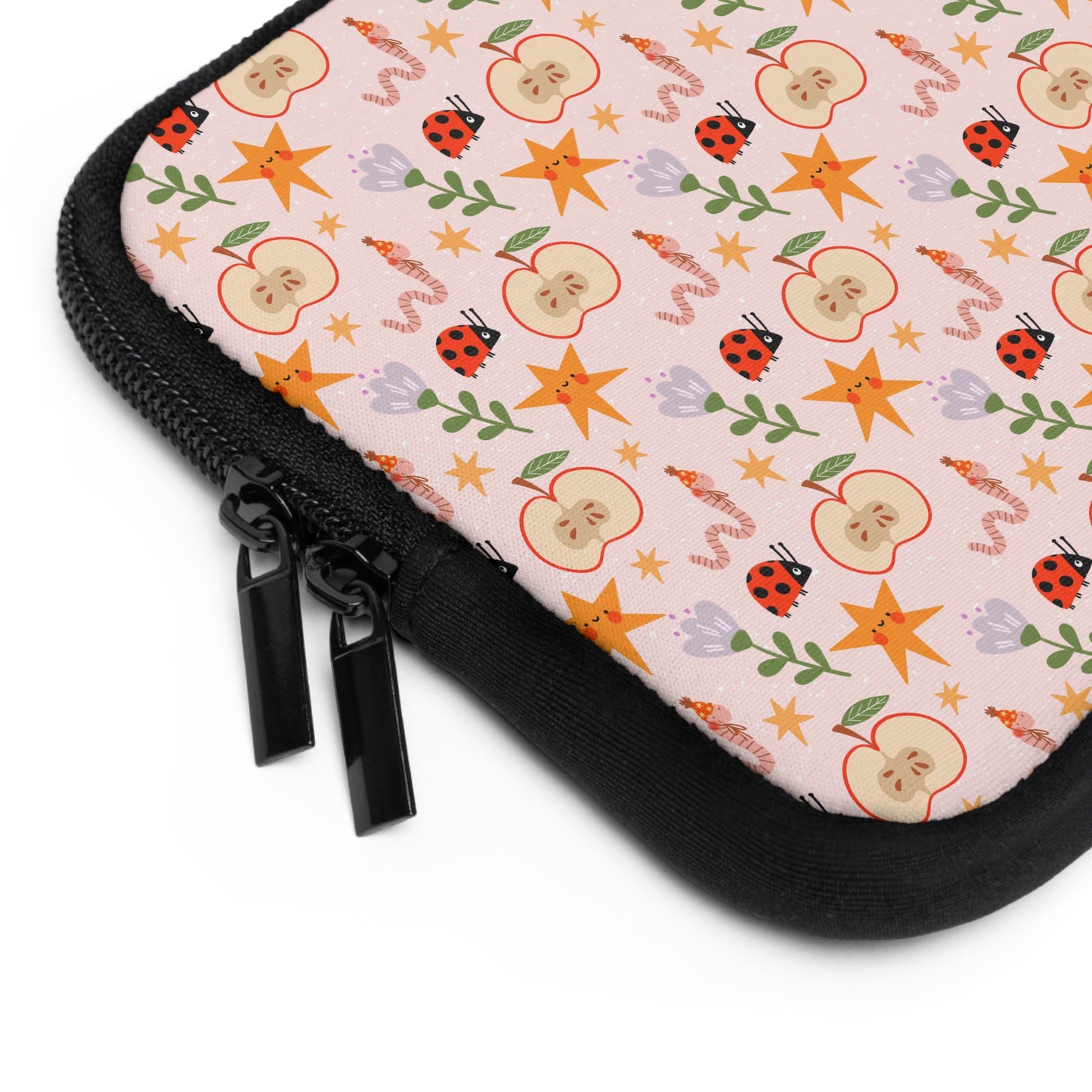 Quirky and Whimsical Laptop Sleeve | Cute Apple Worms and Stars Floral Design