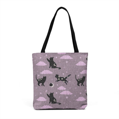 Lunar Cats Whimsical Woven Tote Bag, Witchy Black Cat Lover