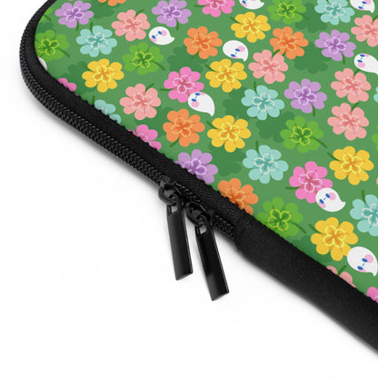 Colorful Clovers and Ghosts Laptop Sleeve | Green, Pink, Yellow, Retro Flowers