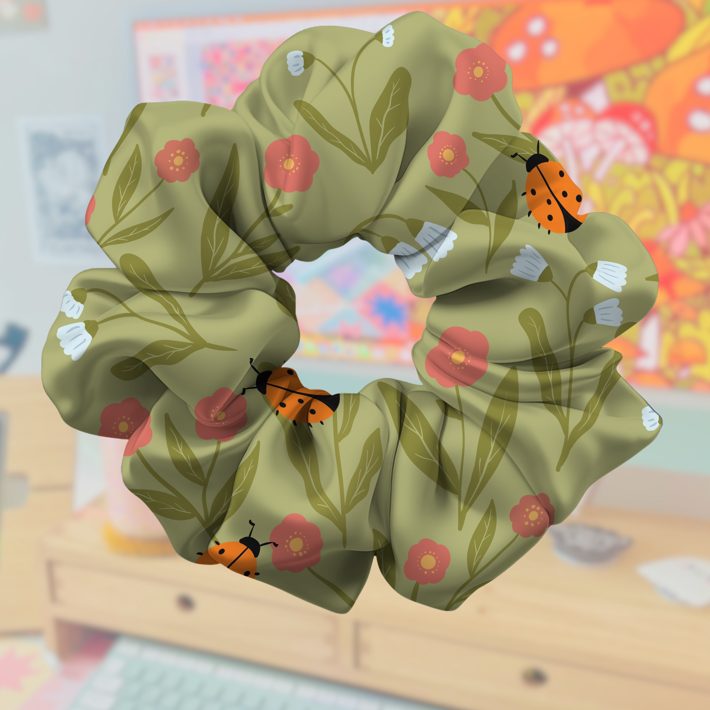 Lady Bug Garden Satin Scrunchie & Claw Clip