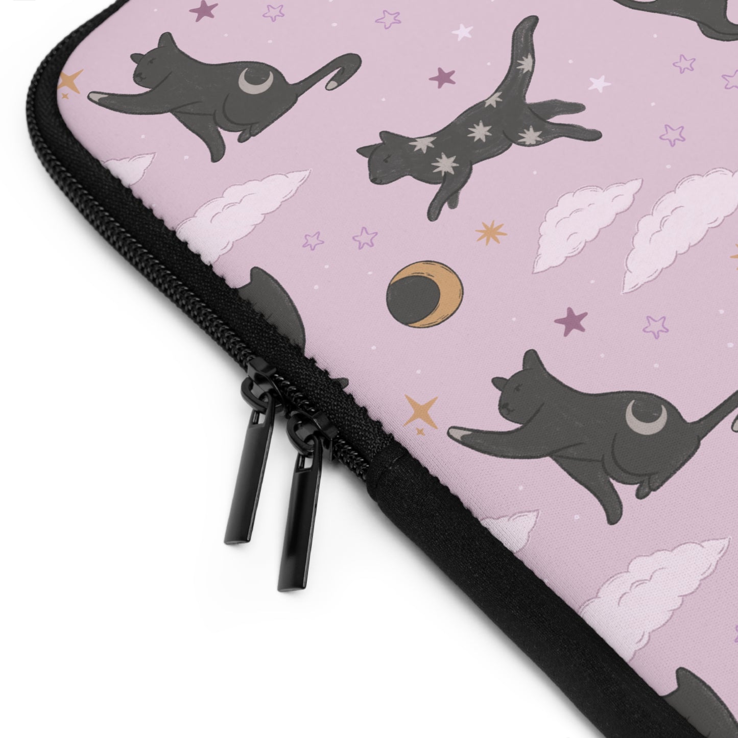 Lunar Black Cat Pattern Laptop Sleeve, Pastel Pink Stars Moons, Celestial Witchy Aesthetic, Cute Laptop Case, MacBook Case, Ipad Case