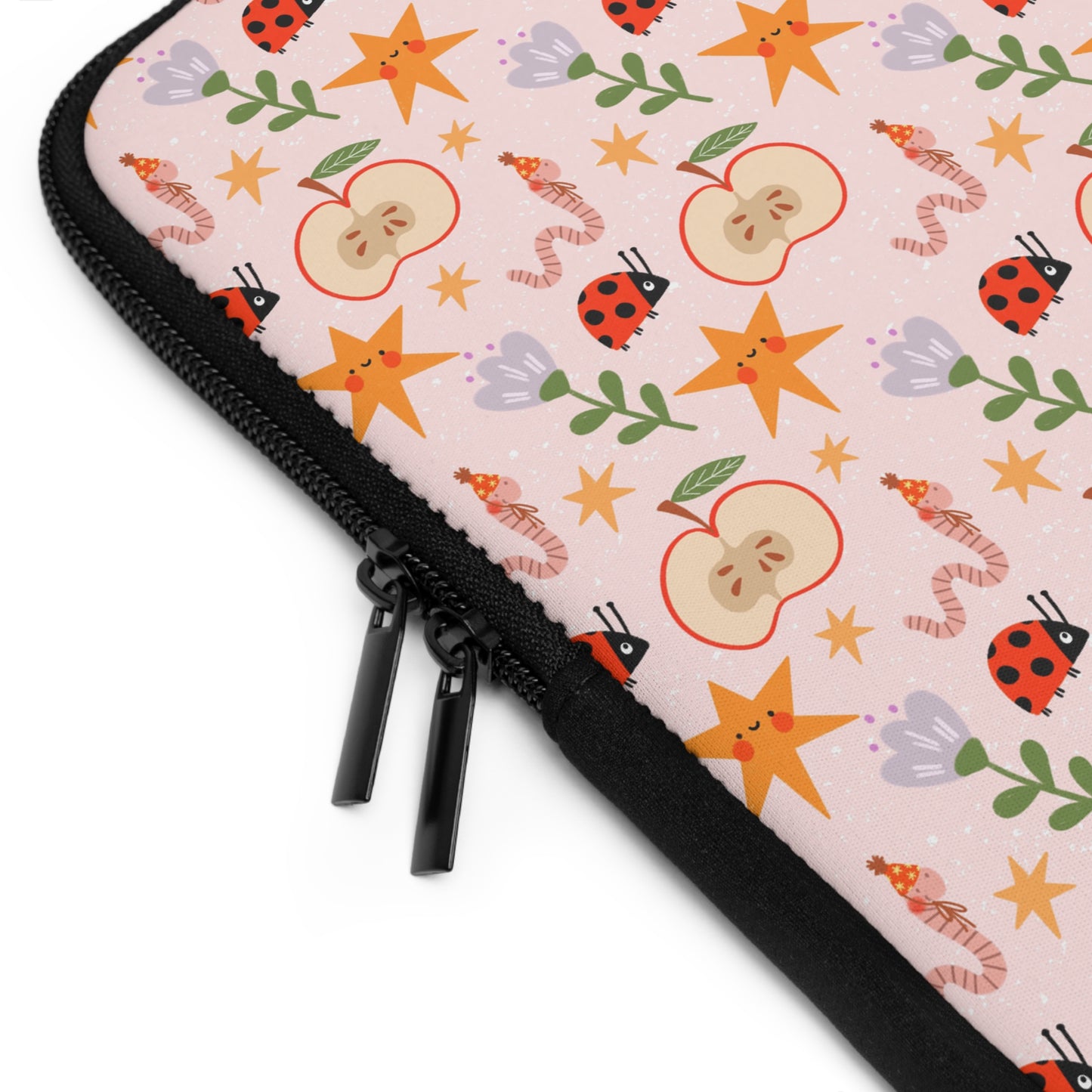 Quirky and Whimsical Laptop Sleeve | Cute Apple Worms and Stars Floral Design