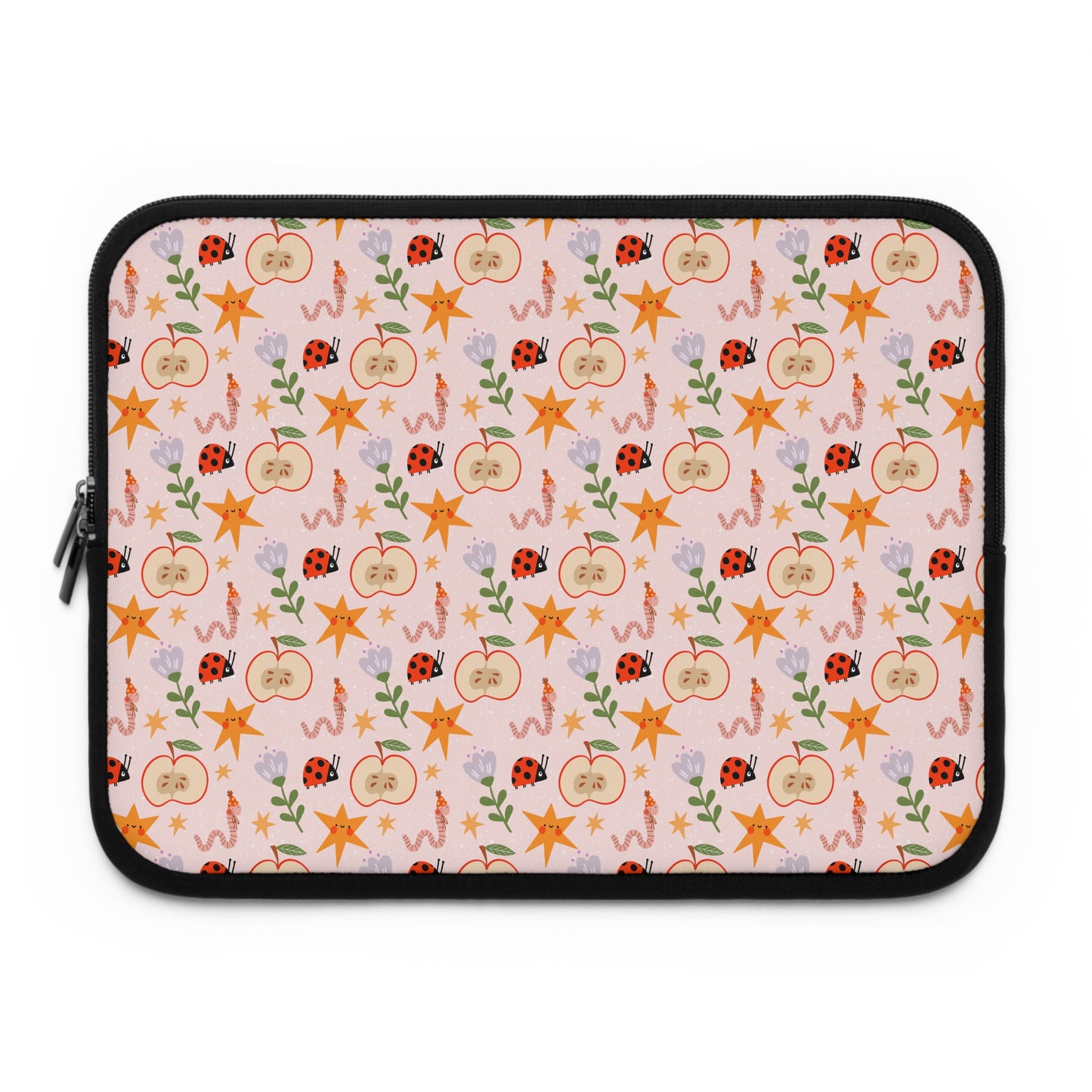 Quirky and Whimsical Laptop Sleeve | Cute Apple Worms and Stars Floral Design