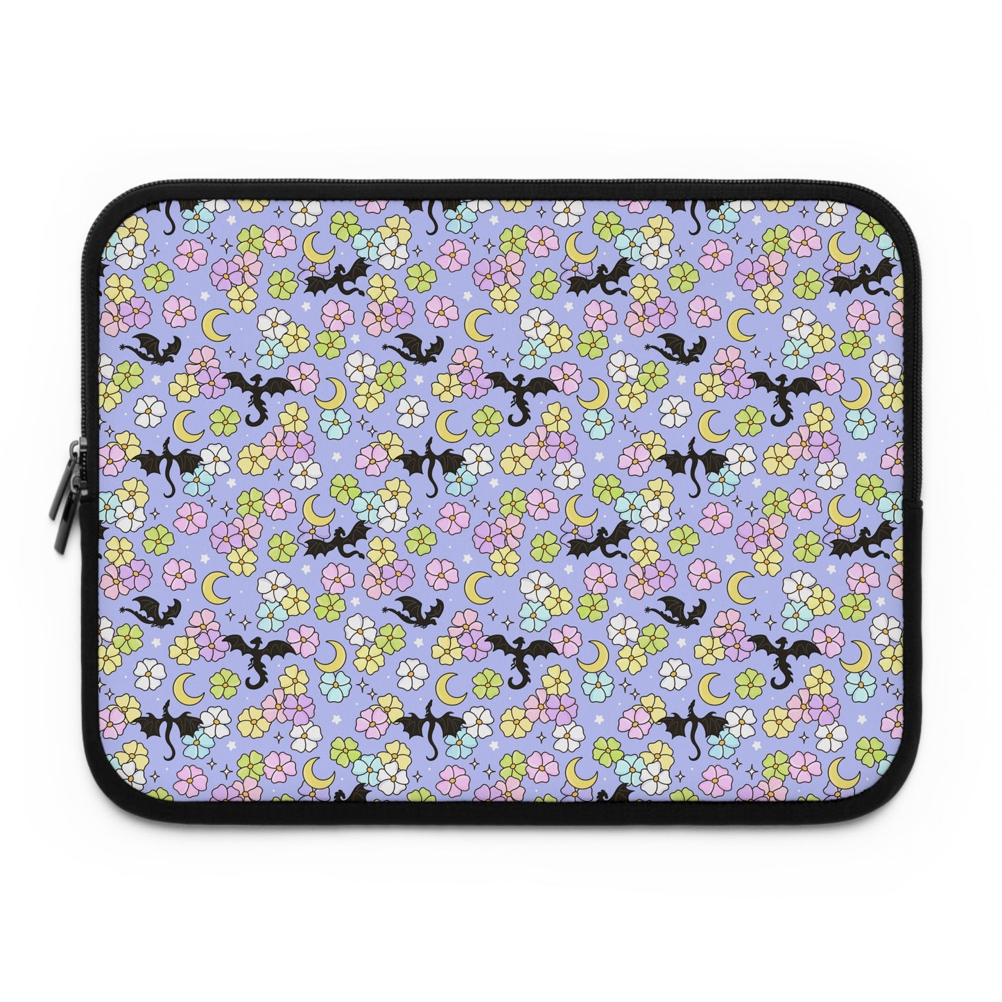 Dragon and Florals Fantasy Reader Laptop Sleeve | Pastel Flowers, Crescent Moons