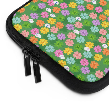 Colorful Clovers and Ghosts Laptop Sleeve | Green, Pink, Yellow, Retro Flowers