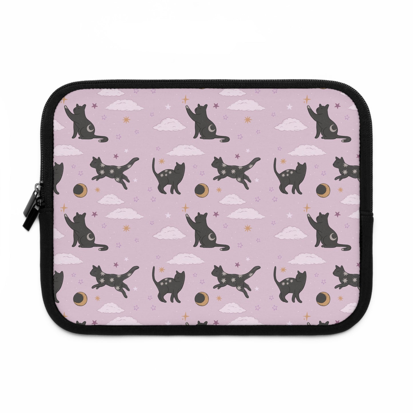 Lunar Black Cat Pattern Laptop Sleeve, Pastel Pink Stars Moons, Celestial Witchy Aesthetic, Cute Laptop Case, MacBook Case, Ipad Case