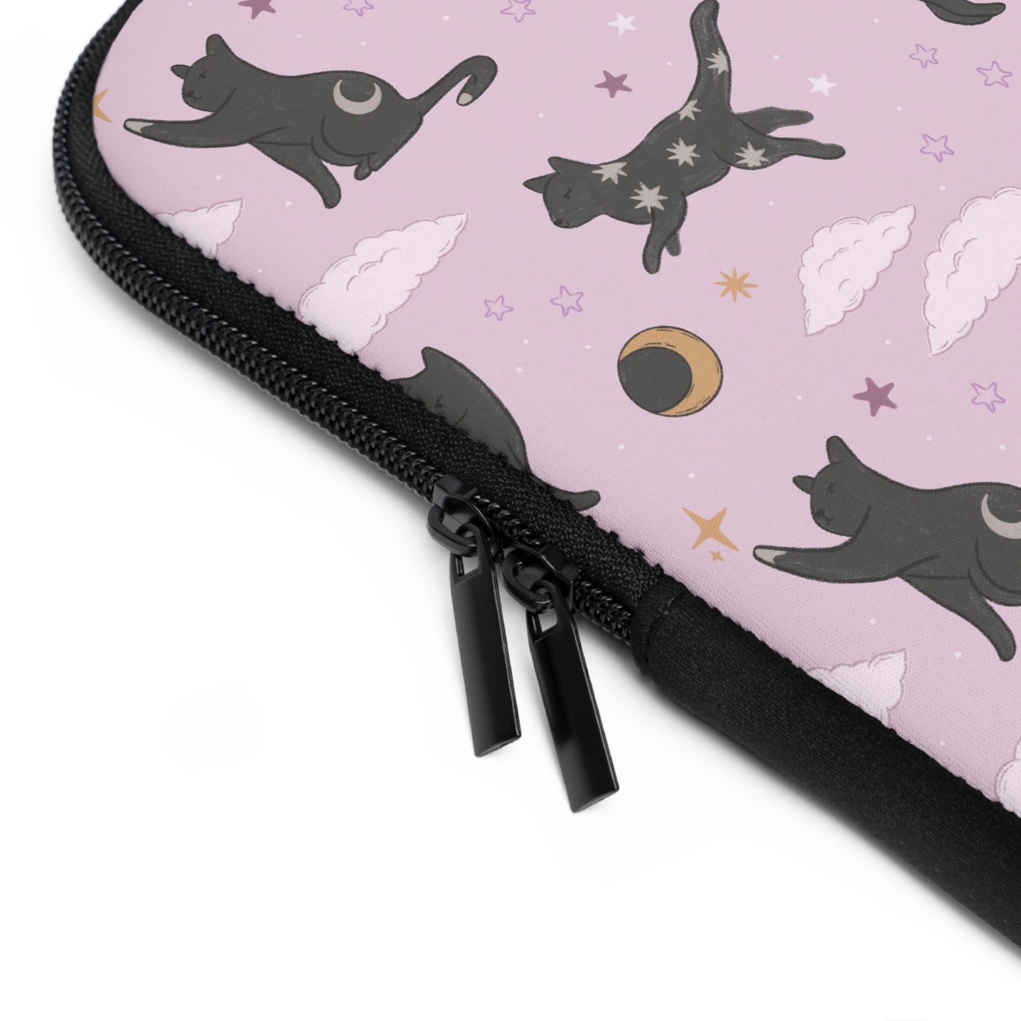 Lunar Black Cat Pattern Laptop Sleeve, Pastel Pink Stars Moons, Celestial Witchy Aesthetic, Cute Laptop Case, MacBook Case, Ipad Case