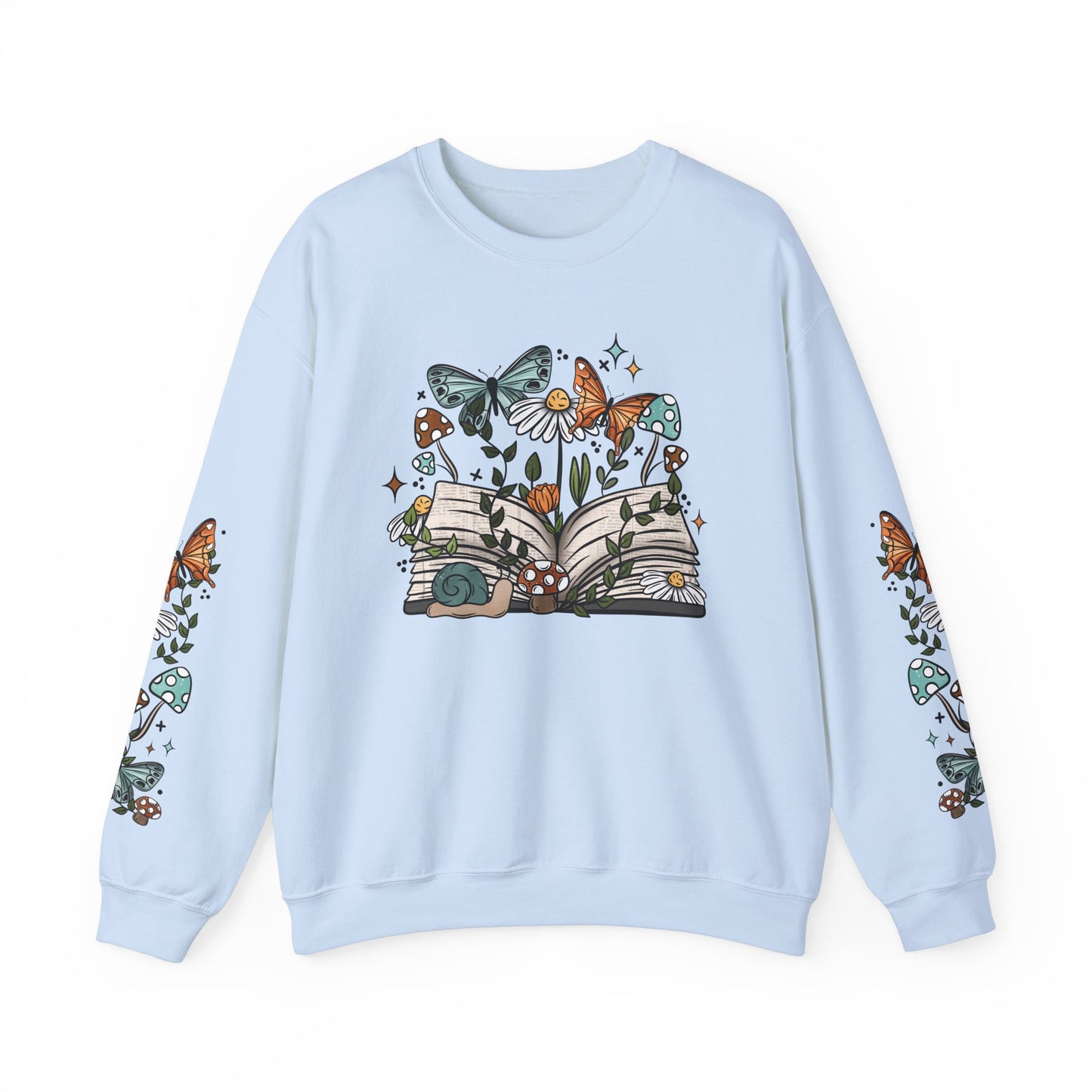 Fairycore Bookish Crewneck, Whimsical Cottagecore Snail and Butterfly Sweatshirt