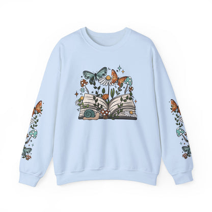 Fairycore Bookish Crewneck, Whimsical Cottagecore Snail and Butterfly Sweatshirt