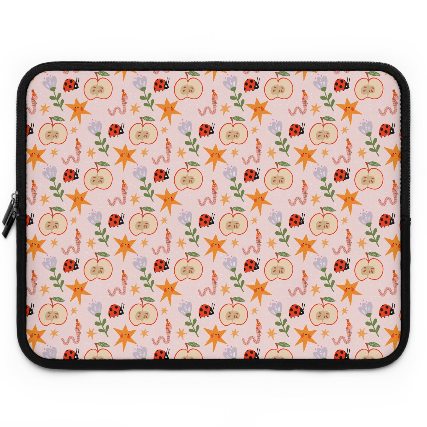 Quirky and Whimsical Laptop Sleeve | Cute Apple Worms and Stars Floral Design
