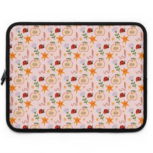 Quirky and Whimsical Laptop Sleeve | Cute Apple Worms and Stars Floral Design