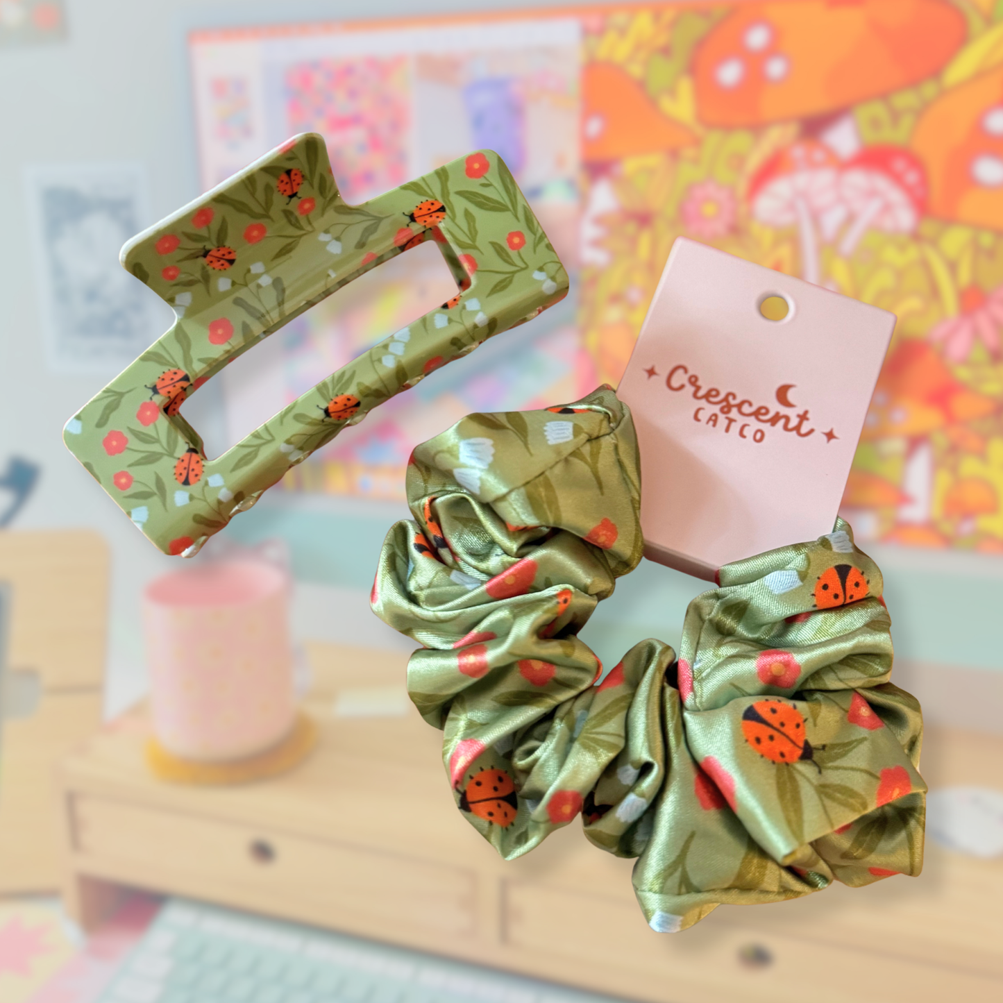 Lady Bug Garden Satin Scrunchie & Claw Clip