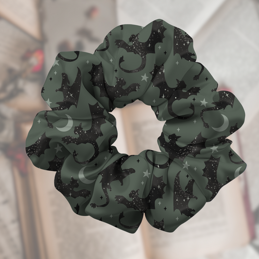 Fantasy Reader Forest Green Dragon Satin Scrunchie