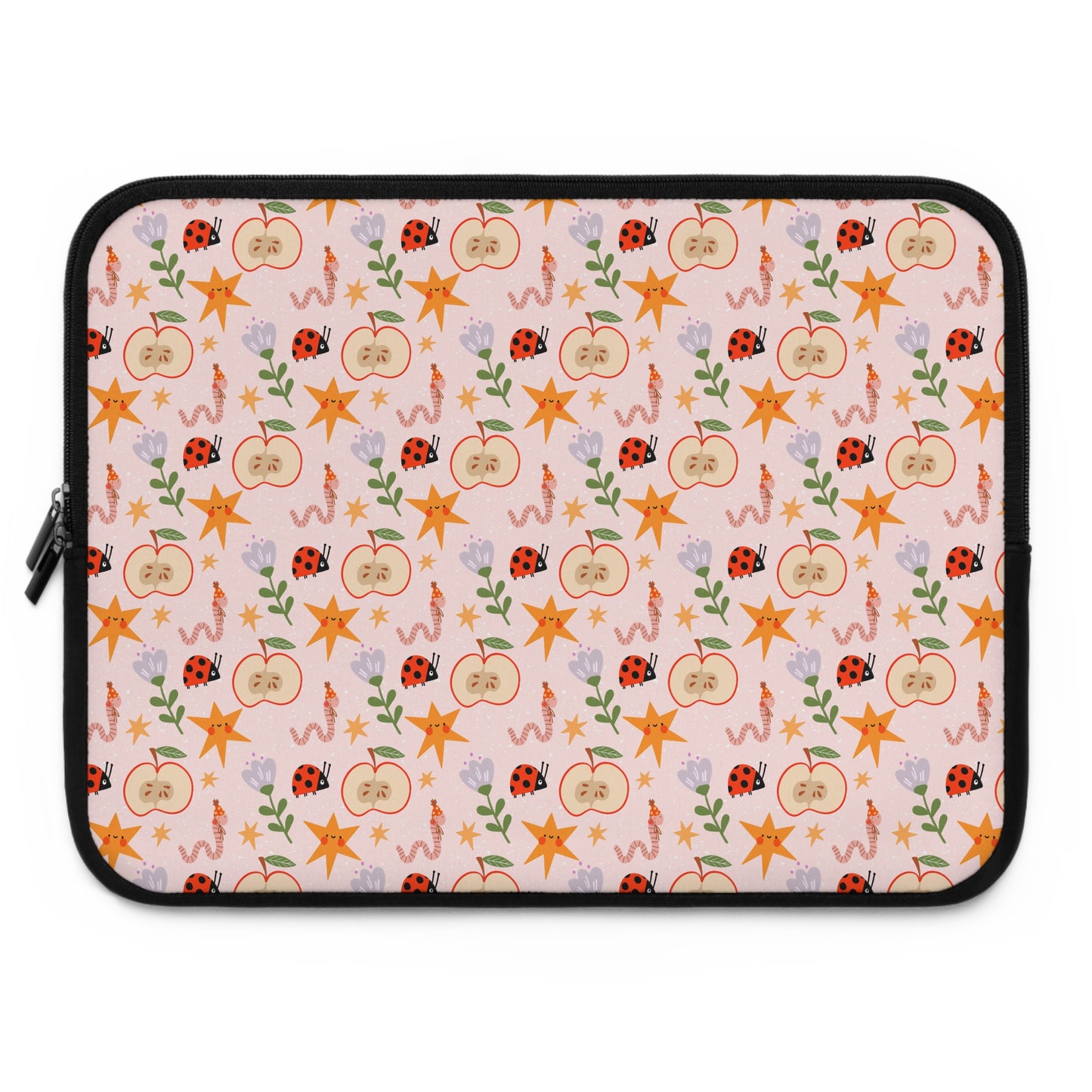 Quirky and Whimsical Laptop Sleeve | Cute Apple Worms and Stars Floral Design