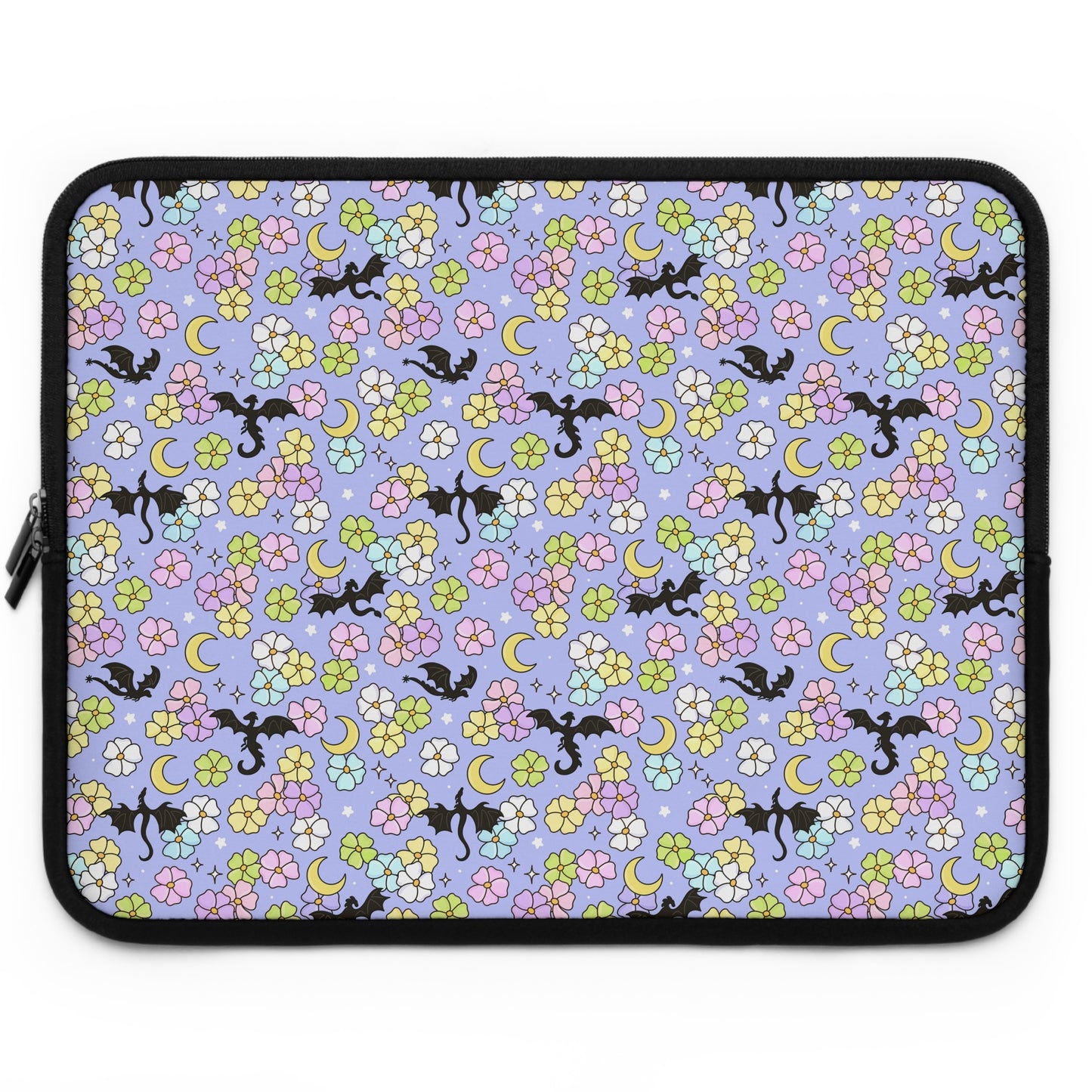 Dragon and Florals Fantasy Reader Laptop Sleeve | Pastel Flowers, Crescent Moons