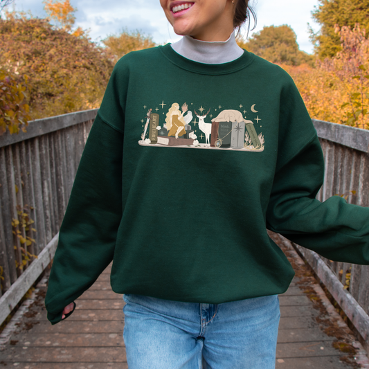 Aelin TOG Bookshelf Gildan Crewneck Sweatshirt, SJM Fantasy Reader Merch, Throne of Glass Fireheart, Bookish Gifts