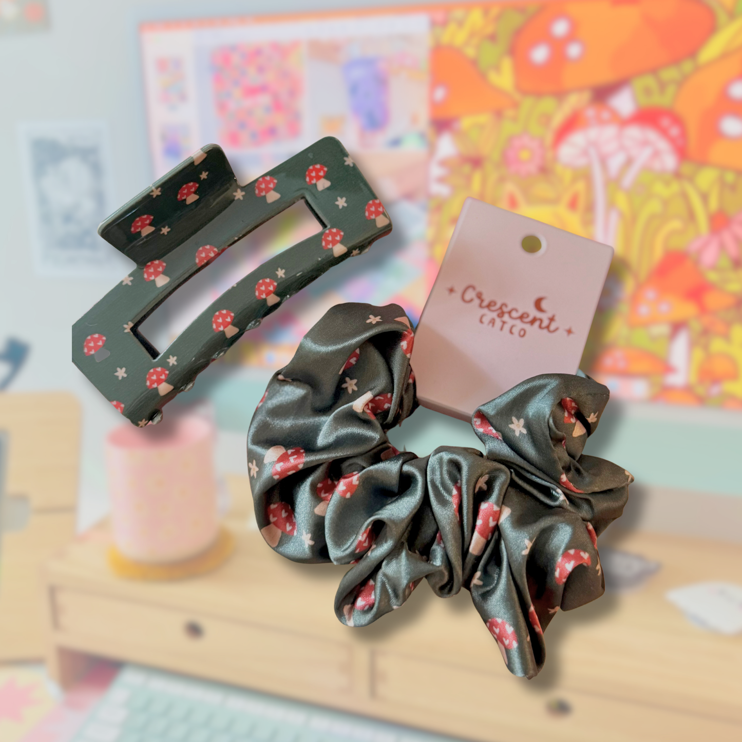 Mushroom Meadows Satin Scrunchie & Claw Clip
