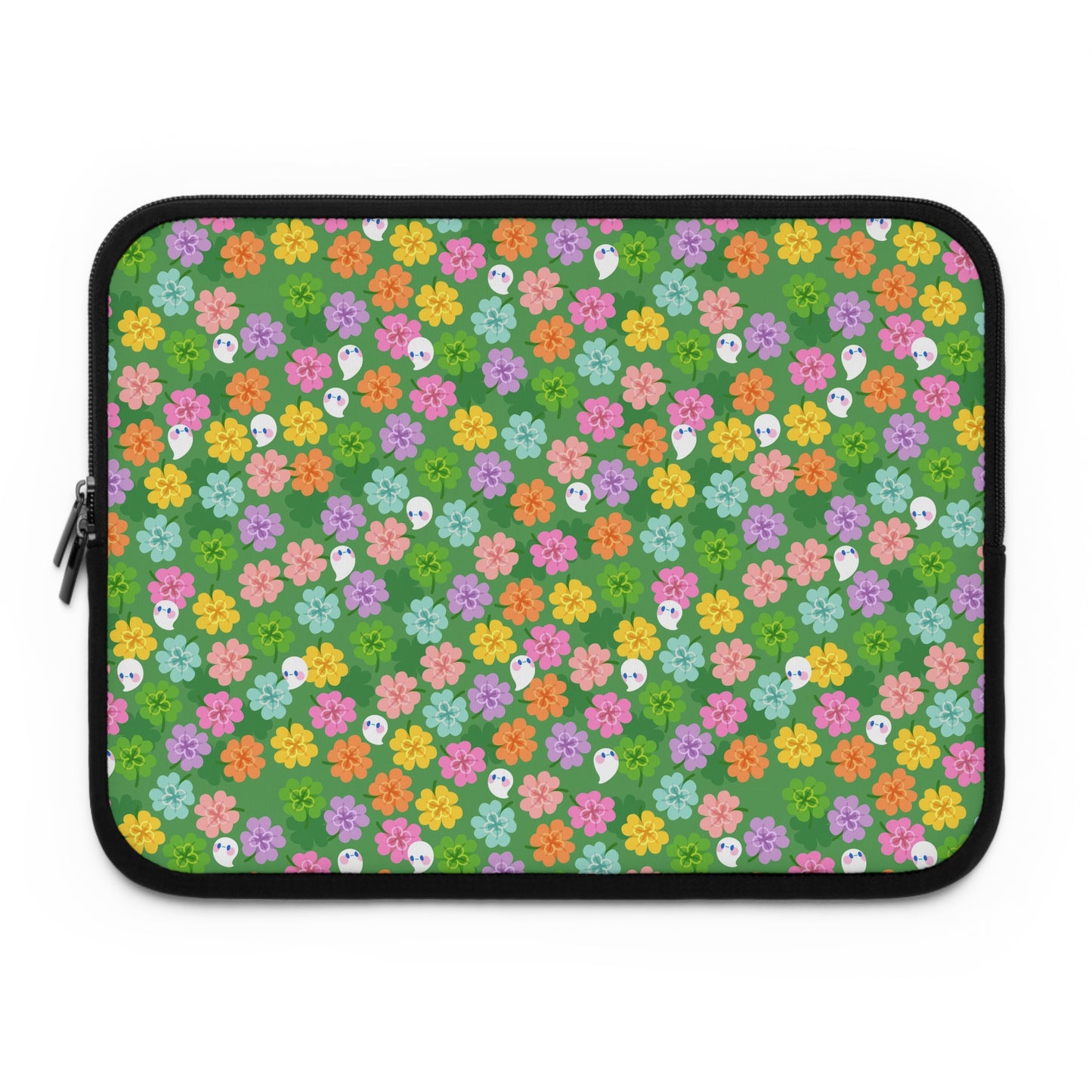 Colorful Clovers and Ghosts Laptop Sleeve | Green, Pink, Yellow, Retro Flowers