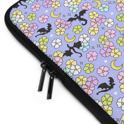 Dragon and Florals Fantasy Reader Laptop Sleeve | Pastel Flowers, Crescent Moons