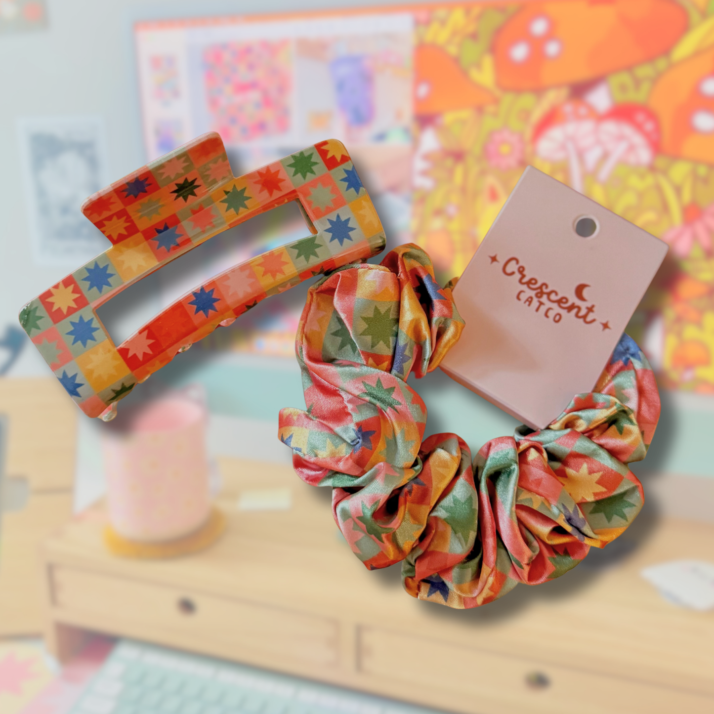 Retro Patchwork Satin Scrunchie & Claw Clip