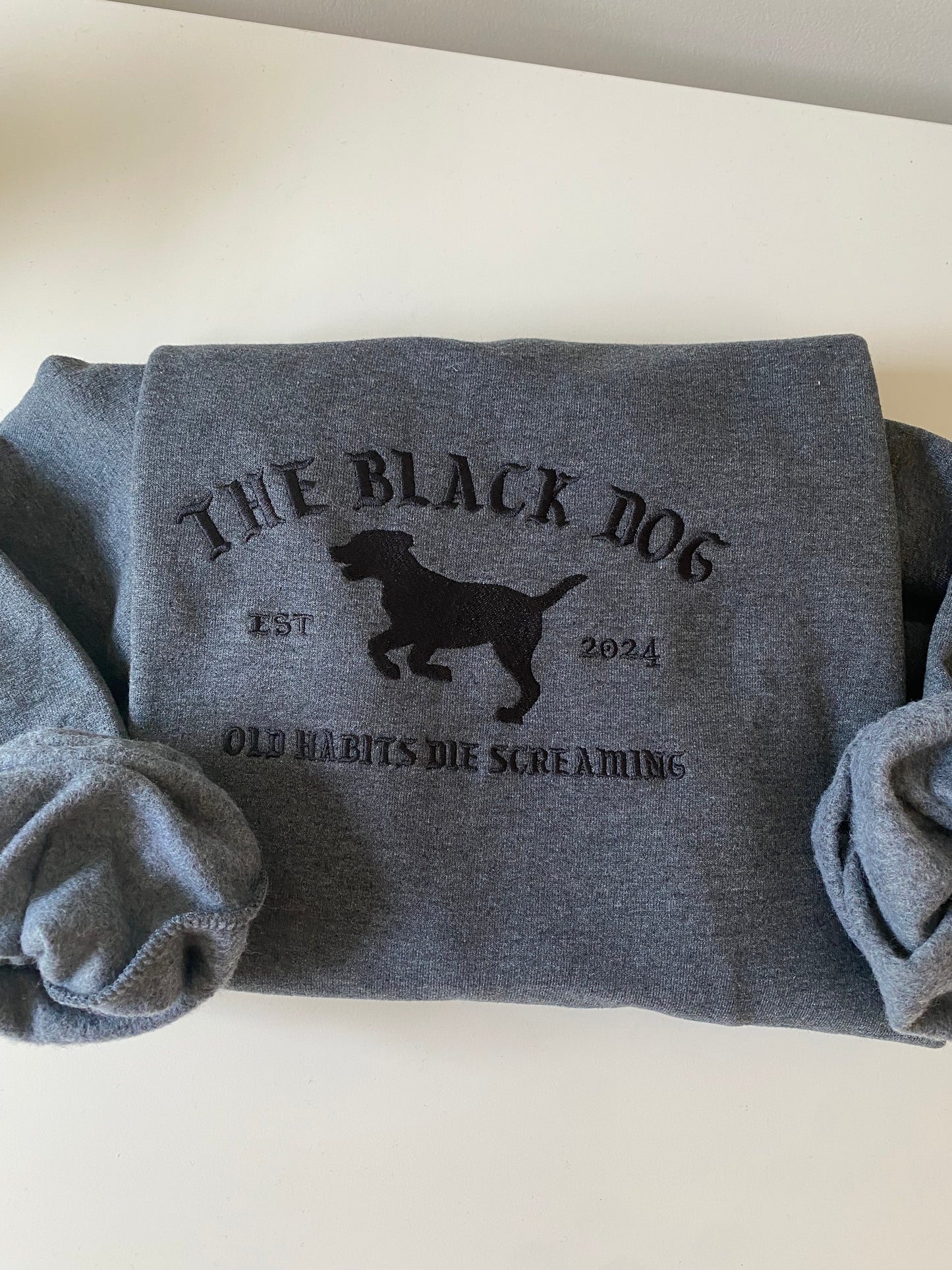 The Black Dog Poets Embroidered Crewneck Sweatshirt | Old Habits Die Screaming