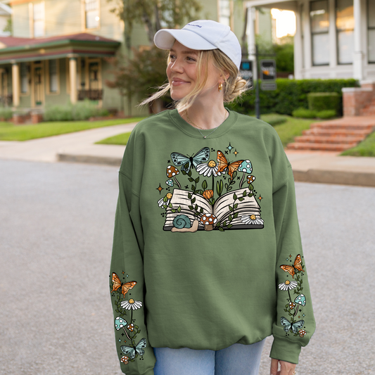 Fairycore Bookish Crewneck, Whimsical Cottagecore Snail and Butterfly Sweatshirt