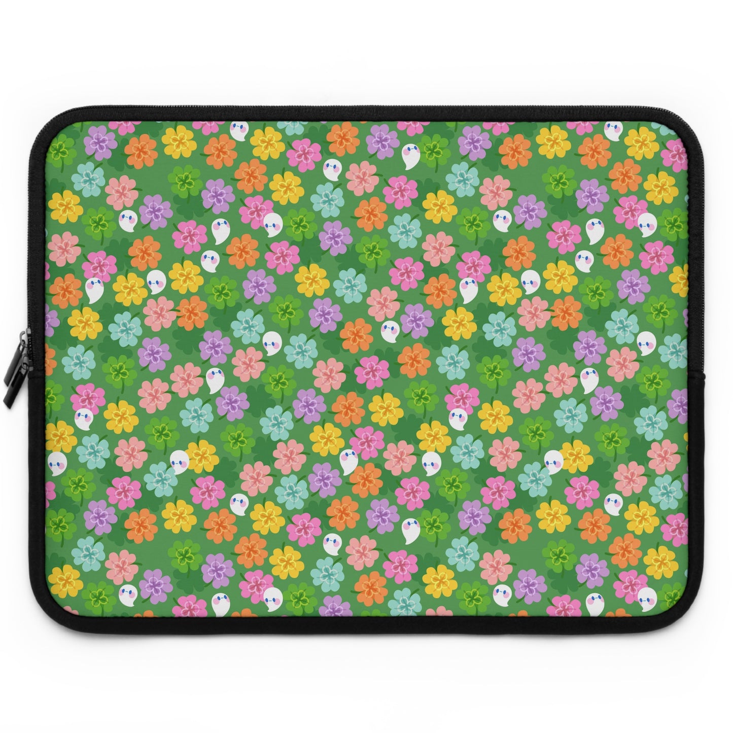 Colorful Clovers and Ghosts Laptop Sleeve | Green, Pink, Yellow, Retro Flowers
