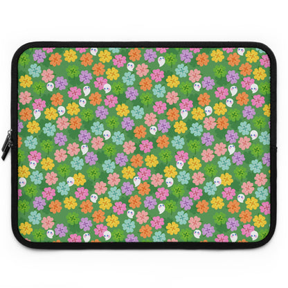 Colorful Clovers and Ghosts Laptop Sleeve | Green, Pink, Yellow, Retro Flowers